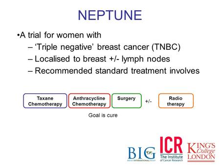 A trial for women with –‘Triple negative’ breast cancer (TNBC) –Localised to breast +/- lymph nodes –Recommended standard treatment involves NEPTUNE Taxane.