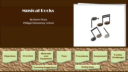 Musical Rocks By Karen Prusa Philippi Elementary School 1.Lecture/Discussion: Using the book, observe and discuss the differences between rocks and minerals,