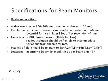 1Beam Line Review. 17th November 2007. 2 3 4 Detector parameters Fermilab Beam line monitors built to replaced SWICS Scintillating fibre tracker – readout.