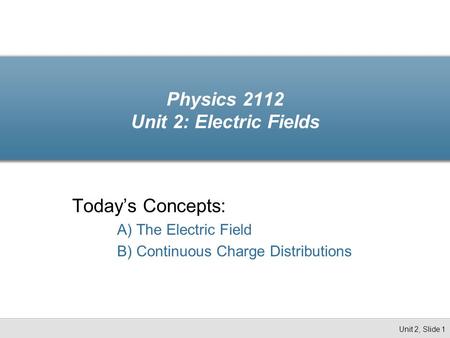 Physics 2112 Unit 2: Electric Fields