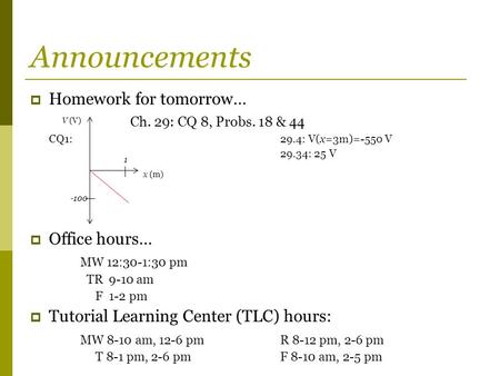Announcements  Homework for tomorrow… Ch. 29: CQ 8, Probs. 18 & 44 CQ1:29.4: V(x=3m)=-550 V 29.34: 25 V  Office hours… MW 12:30-1:30 pm TR 9-10 am F.