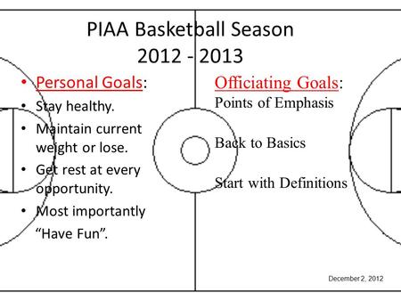 PIAA Basketball Season 2012 - 2013 Personal Goals: Stay healthy. Maintain current weight or lose. Get rest at every opportunity. Most importantly “Have.