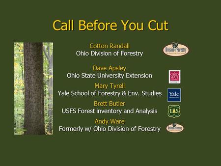 Call Before You Cut Cotton Randall Ohio Division of Forestry Dave Apsley Ohio State University Extension Mary Tyrell Yale School of Forestry & Env. Studies.