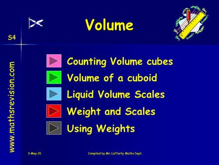 3-May-15Compiled by Mr. Lafferty Maths Dept. Volume www.mathsrevision.com Counting Volume cubes Volume of a cuboid Liquid Volume Scales S4 Weight and Scales.