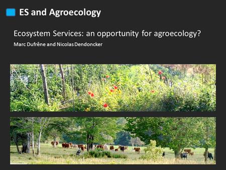 ES and Agroecology Ecosystem Services: an opportunity for agroecology? Marc Dufrêne and Nicolas Dendoncker.