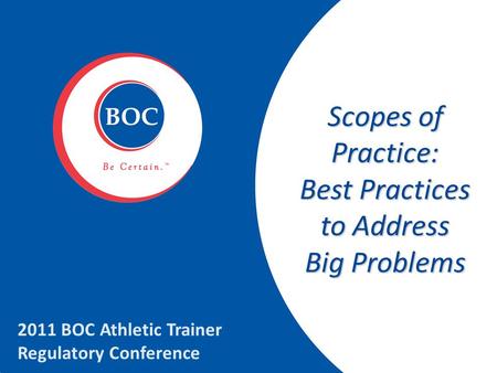 Scopes of Practice: Best Practices to Address Big Problems 2011 BOC Athletic Trainer Regulatory Conference.