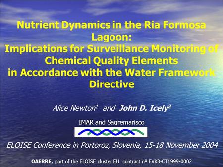 Nutrient Dynamics in the Ria Formosa Lagoon: Implications for Surveillance Monitoring of Chemical Quality Elements in Accordance with the Water Framework.