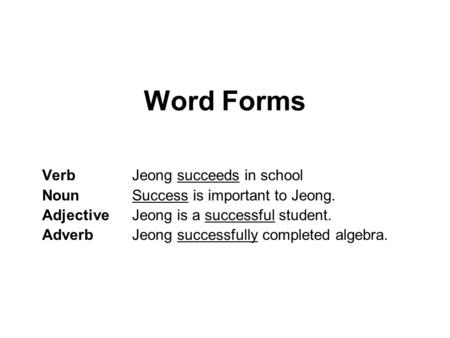 Word Forms VerbJeong succeeds in school NounSuccess is important to Jeong. AdjectiveJeong is a successful student. AdverbJeong successfully completed algebra.