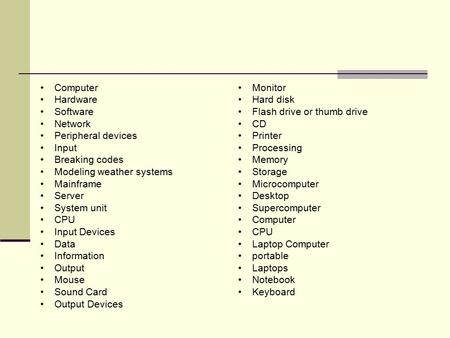 Computer Hardware Software Network Peripheral devices Input Breaking codes Modeling weather systems Mainframe Server System unit CPU Input Devices Data.