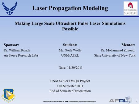 1 DISTRIBUTION STATEMENT XXX– Unclassified, Unlimited Distribution Laser Propagation Modeling Making Large Scale Ultrashort Pulse Laser Simulations Possible.