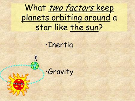What two factors keep planets orbiting around a star like the sun? Inertia Gravity.