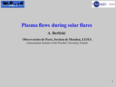 1 Plasma flows during solar flares A. Berlicki Observatoire de Paris, Section de Meudon, LESIA (Astronomical Institute of the Wrocław University, Poland)