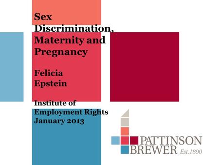Sex Discrimination, Maternity and Pregnancy Felicia Epstein Institute of Employment Rights January 2013.