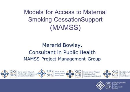 Models for Access to Maternal Smoking CessationSupport (MAMSS) Mererid Bowley, Consultant in Public Health MAMSS Project Management Group.