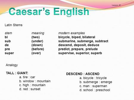 Caesar’s English Latin Stems stem meaning modern examples