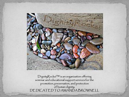 DignityRocks!™ is an organization offering seminar and educational support services for the promotion, preservation, and protection of human dignity. DEDICATED.