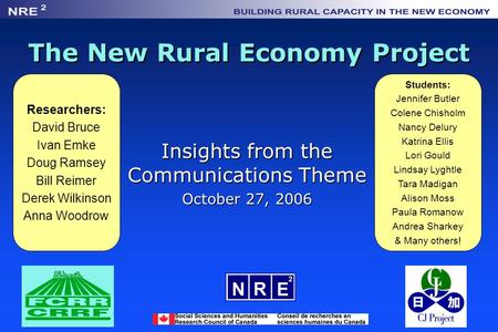 The New Rural Economy Project Insights from the Communications Theme October 27, 2006 Researchers: David Bruce Ivan Emke Doug Ramsey Bill Reimer Derek.