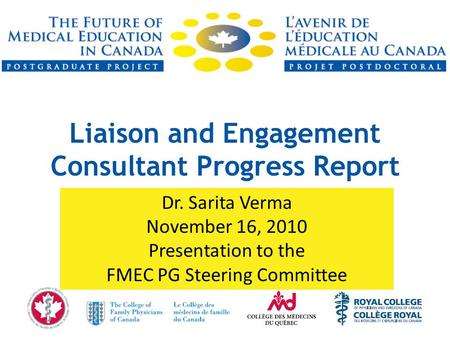 Liaison and Engagement Consultant Progress Report Dr. Sarita Verma November 16, 2010 Presentation to the FMEC PG Steering Committee.