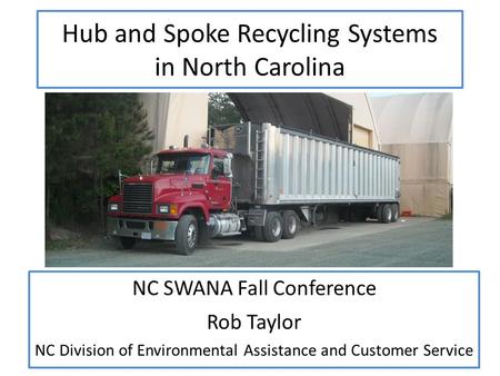 Hub and Spoke Recycling Systems in North Carolina NC SWANA Fall Conference Rob Taylor NC Division of Environmental Assistance and Customer Service.