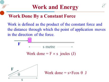 E W Work and Energy Work Done By a Constant Force Work is defined as the product of the constant force and the distance through which the point of application.