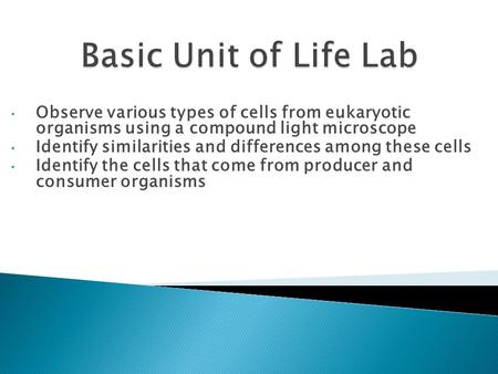 Observe various types of cells from eukaryotic organisms using a compound light microscope Identify similarities and differences among these cells Identify.