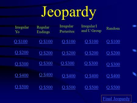 Jeopardy Irregular Yo Regular Endings Irregular Preterites Irregular I and U Group Random Q $100 Q $200 Q $300 Q $400 Q $500 Q $100 Q $200 Q $300 Q $400.