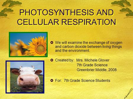 PHOTOSYNTHESIS AND CELLULAR RESPIRATION  We will examine the exchange of oxygen and carbon dioxide between living things and the environment.  Created.