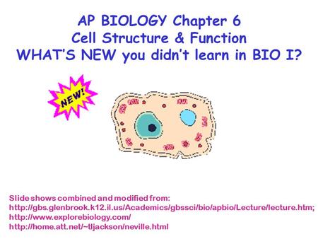 AP BIOLOGY Chapter 6 Cell Structure & Function WHAT’S NEW you didn’t learn in BIO I? Slide shows combined and modified from: http://gbs.glenbrook.k12.il.us/Academics/gbssci/bio/apbio/Lecture/lecture.htm;