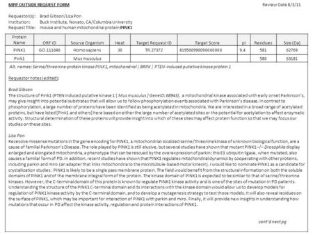 MPP OUTSIDE REQUEST FORM Review Date 8/3/11 Requestor(s):Brad Gibson/Liza Pon Institution:Buck Institute, Novato, CA/Columbia University Request Title:mouse.