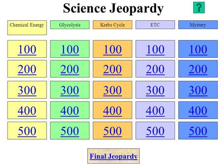 Science Jeopardy 100 200 300 400 500 100 200 300 400 500 100 200 300 400 500 100 200 300 400 500 100 200 300 400 500 Chemical EnergyGlycolysisKrebs CycleETCMystery.