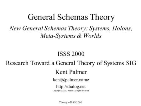 5/3/2015Kent Palmer -- General Schemas Theory -- ISSS 2000 1 General Schemas Theory New General Schemas Theory: Systems, Holons, Meta-Systems & Worlds.