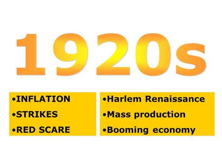 INFLATION STRIKES RED SCARE Harlem Renaissance Mass production Booming economy.