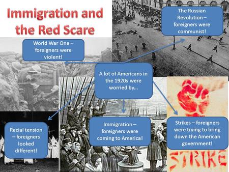 A lot of Americans in the 1920s were worried by... World War One – foreigners were violent! The Russian Revolution – foreigners were communist! Racial.