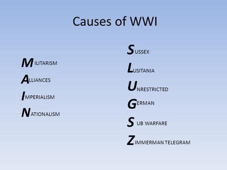 Causes of WWI MAINMAIN SLUGSZSLUGSZ ILITARISM LLIANCES MPERIALISM ATIONALISM USSEX USITANIA NRESTRICTED ERMAN UB WARFARE IMMERMAN TELEGRAM.