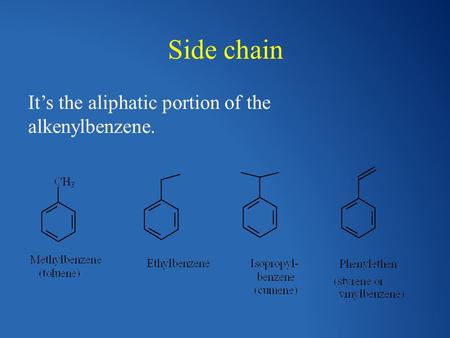 Side chain It’s the aliphatic portion of the alkenylbenzene.