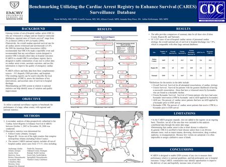 Benchmarking Utilizing the Cardiac Arrest Registry to Enhance Survival (CARES) Surveillance Database BACKGROUND Among victims of out-of-hospital cardiac.