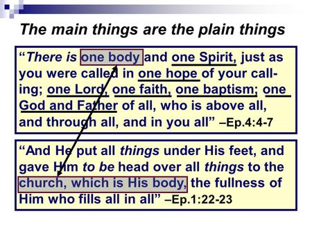The main things are the plain things “There is one body and one Spirit, just as you were called in one hope of your call- ing; one Lord, one faith, one.