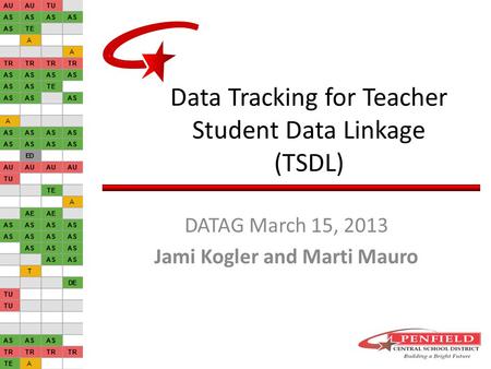Data Tracking for Teacher Student Data Linkage (TSDL) DATAG March 15, 2013 Jami Kogler and Marti Mauro.
