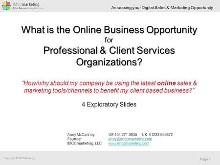IMCCmarketing Online Business Strategy & Services Copyright © iMcCMarketing Assessing your Digital Sales & Marketing Opportunity Page 1 What is the Online.
