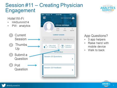 #HASummit14 1 Thumbs Up Session #11 – Creating Physician Engagement Current Session Submit a Question Poll Question 4 3 2 1 Hotel Wi-Fi HASummit14 PW:
