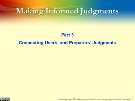 11 Making Informed Judgments Part 3 Connecting Users’ and Preparers’ Judgments Navigating Accounting, ® G. Peter & Carolyn R. Wilson, © 1991-2009 NavAcc.