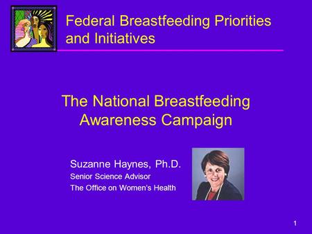 1 The National Breastfeeding Awareness Campaign Suzanne Haynes, Ph.D. Senior Science Advisor The Office on Women’s Health Federal Breastfeeding Priorities.