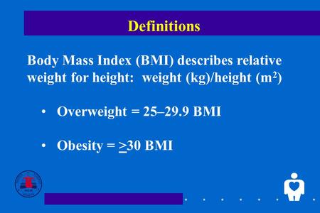 Definitions Body Mass Index (BMI) describes relative weight for height: weight (kg)/height (m 2 ) Overweight = 25–29.9 BMI Obesity = >30 BMI.