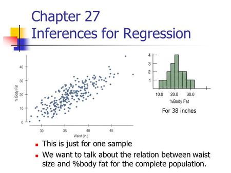 Chapter 27 Inferences for Regression This is just for one sample We want to talk about the relation between waist size and %body fat for the complete population.