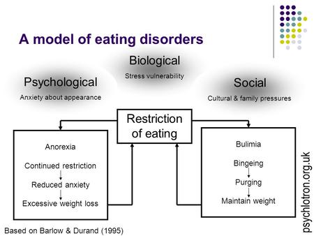 Biological Stress vulnerability A model of eating disorders Restriction of eating Social Cultural & family pressures Psychological Anxiety about appearance.