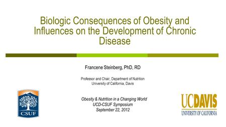 Biologic Consequences of Obesity and Influences on the Development of Chronic Disease Francene Steinberg, PhD, RD Professor and Chair, Department of Nutrition.