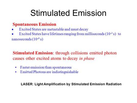 Stimulated Emission LASER: Light Amplification by Stimulated Emission Radiation Spontaneous Emission  Excited States are metastable and must decay  Excited.