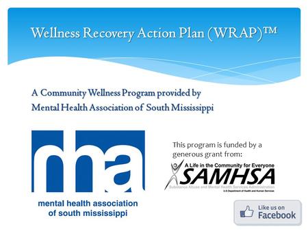 Wellness Recovery Action Plan (WRAP)™ A Community Wellness Program provided by Mental Health Association of South Mississippi This program is funded by.