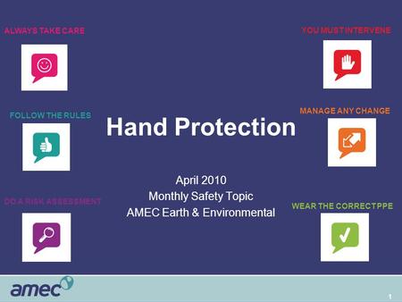 1 Hand Protection April 2010 Monthly Safety Topic AMEC Earth & Environmental WEAR THE CORRECT PPE DO A RISK ASSESSMENT FOLLOW THE RULES ALWAYS TAKE CARE.