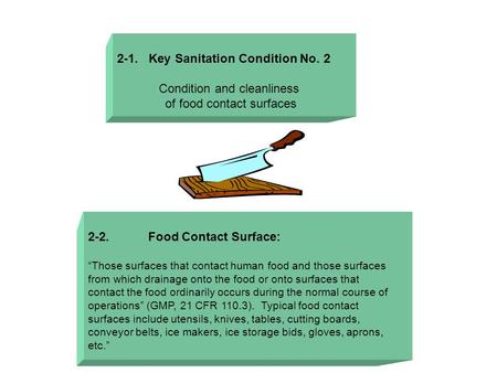 2-1. Key Sanitation Condition No. 2 Condition and cleanliness of food contact surfaces 2-2. Food Contact Surface: “Those surfaces that contact human food.